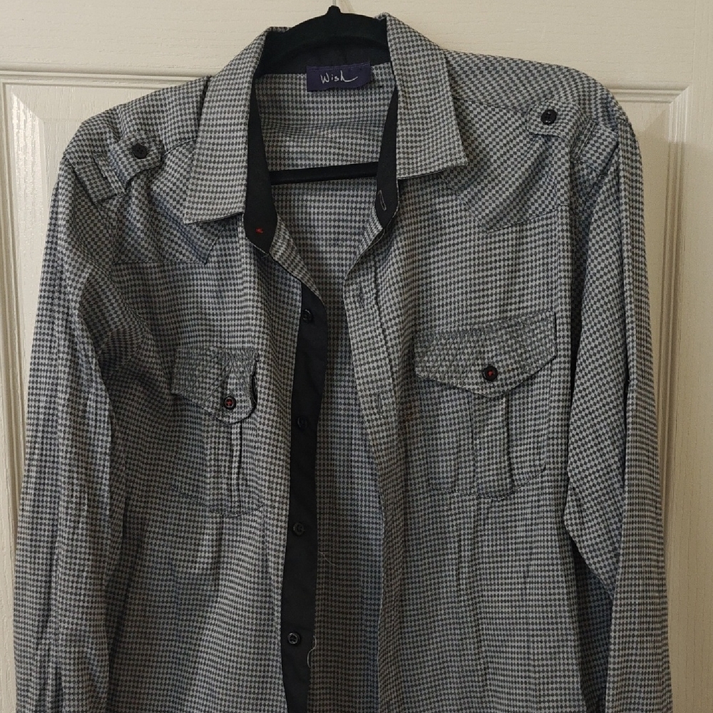 Black & Gray Custom Vintage Checkered Button-Up Shirt Wish Vintage XL Slim Fit